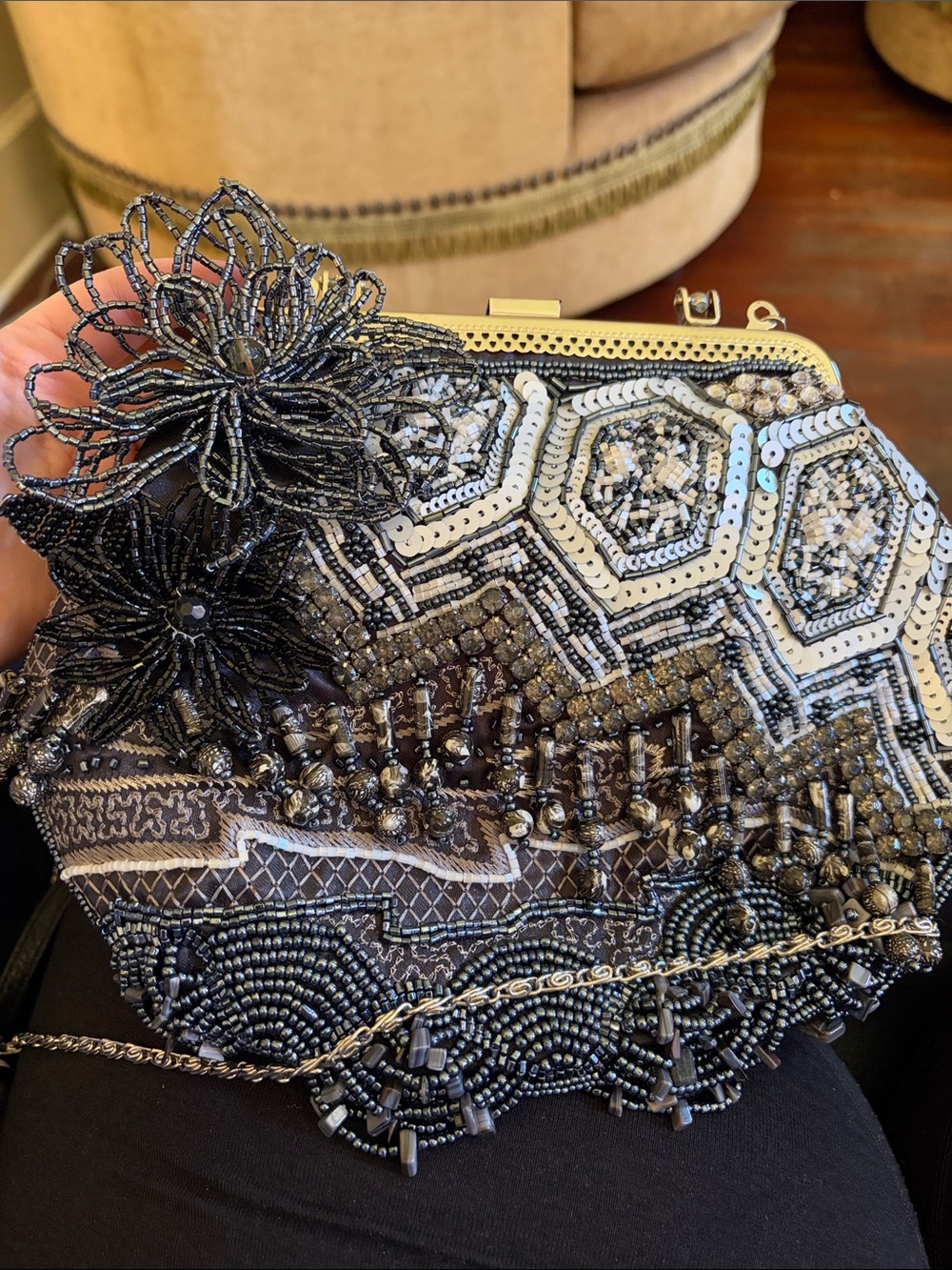 Chico's Black and Silver Beaded Floral Evening Clutch
